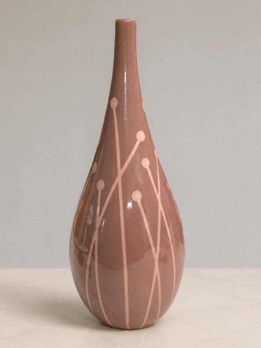Vintage MCM Mauve Pink Ceramic Teardrop Vase Mod Botanical Design 12"